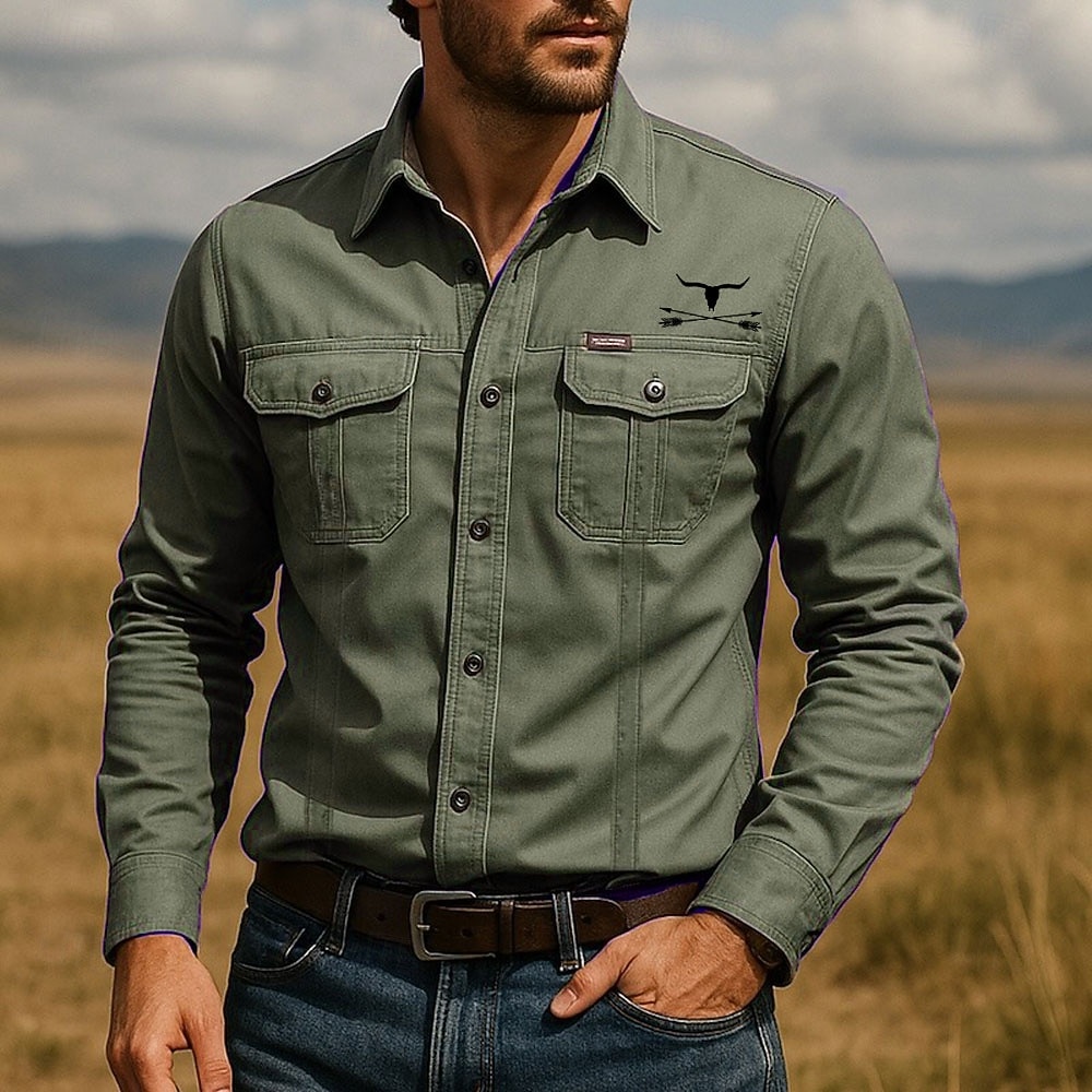 Herren Kuhmuster Arbeitshemd Westernhemd Cargohemd Langarm Taktisch Vintage-Retro Sport im Freien Arbeitskleidung Frühling Herbst Umlegekragen Zwei Fronttaschen Hemden mit Knopfleiste Armeegrün Khaki 2026 - $27.99 –P2