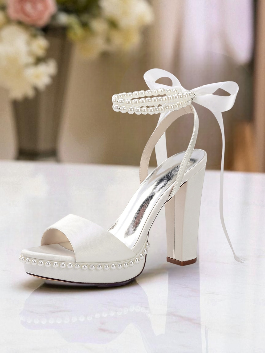Escarpins à plateforme en satin rose pour femme avec bride cheville en perles et nœud - sandales élégantes à talons hauts pour cocktails et événements formels de 2026 ? $69.99 –P1