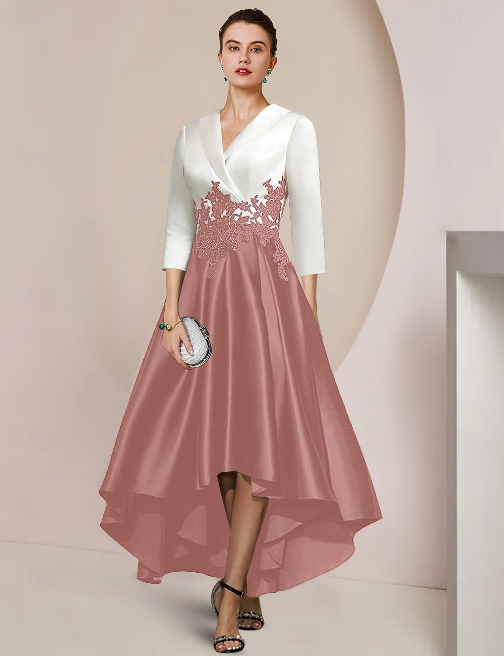 A-Linie Asymmetrisch Tee-Länge Partykleid Cocktailkleid Kleid für Hochzeitsgäste Brautmutterkleid Dreiviertelarm Hemdkragen Elegant High-Low Formell Hochzeitsgast Satin Spitze mit Applikationen 2026 - $157.99 –P10