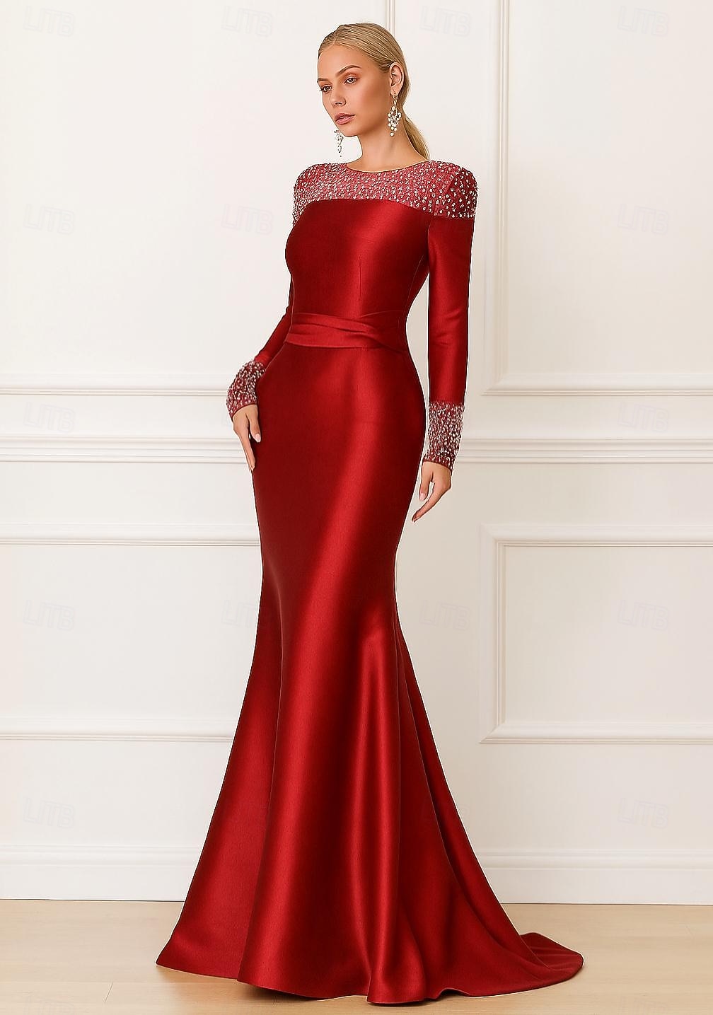 Trompetă / Sirenă Rochii de seara Elegant Rochie formală Oficial Nuntă Lungime Podea Manșon Lung Stil Nautic Satin întins cu Detalii Perlă 2025 2025 - $164.99 –P1