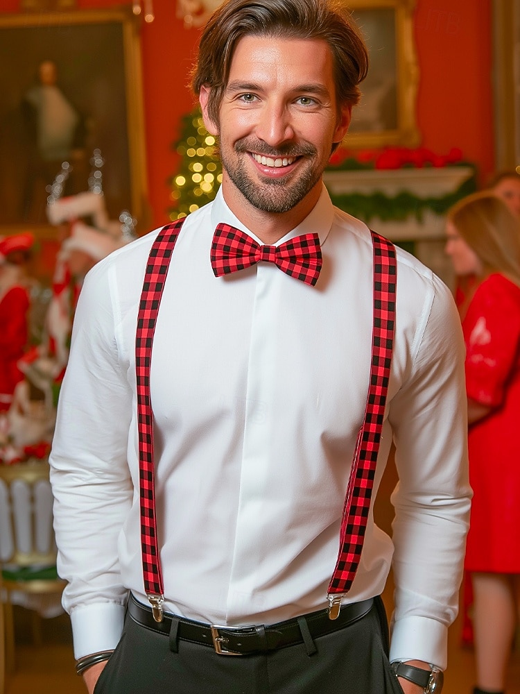 Conjunto de suspensório ajustável e gravata borboleta xadrez de Natal masculino, estilo casual e formal, perfeito para festas de fim de ano e presentes de 2026 por $11.99 –P1