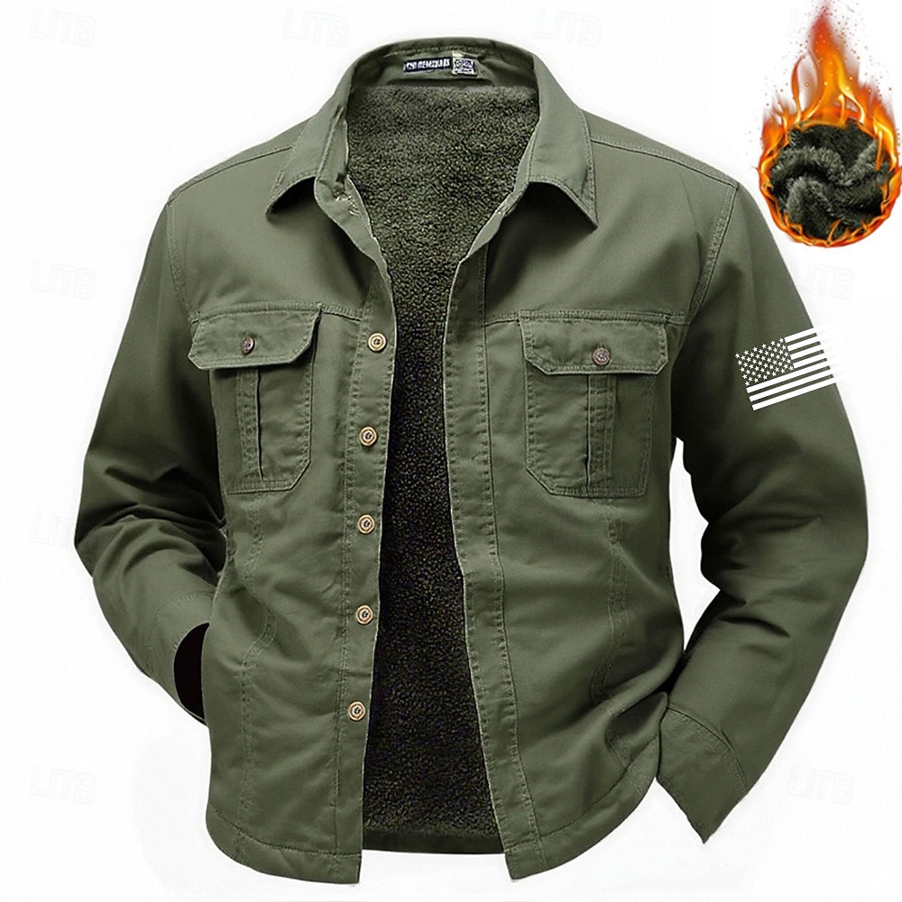 Men's US Flag Patriotic Western Shirt Cargo Shirt Cowboy Shirt Long Sleeve Military Outdoor Casual WorkWear Fall Winter Turndown Fleece Lined Cotton Button Up Shirts Black Army Green Khaki 2026 - $34.99 –P1