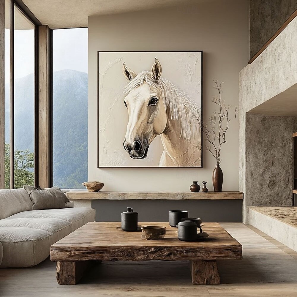 handgemaltes abstraktes Pferdebild, großes abstraktes Tierbild, beige Wandkunst, moderne abstrakte Kunst, große Leinwandkunst, Acrylmalerei 2025 - $60.99 –P4