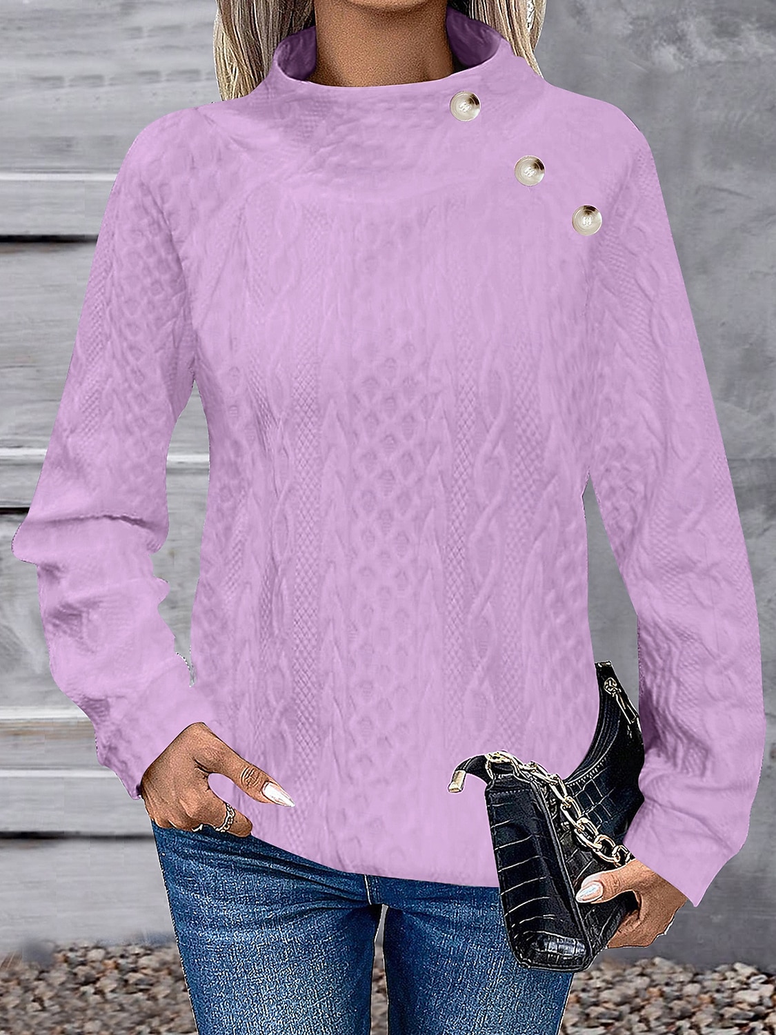 Hanorac elegant pentru femei, la modă, drăguț, culoare uni, guler înalt, nasturi, texturat, mânecă lungă, model obișnuit, topuri tricotate, exterior, acasă, lucru, negru, alb, primăvară, toamnă 2026 - $27.99 –P7