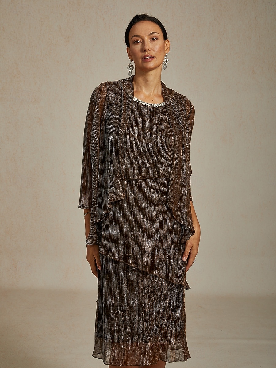 Dame Midikjole Skiftkjole Plissert kjole Grime kjole Elegant Fest Formelt Fest Bryllupsgjest Cocktailfest Normal Helfarge Ermeløs Crew-hals Brun Sommer Vår Høst Vinter 2025 - $141.99 –P16