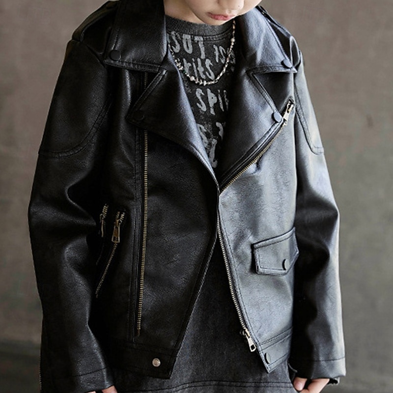 Niños Chico Chaqueta de cuero negro Chaqueta Ropa de calle Plano Manga Larga Cerrar IMPERMEABLE Paravientos: Abrigo Diario Moda Casual Negro Marrón Primavera Otoño 4-12 años 2026 - $55.99 –P1