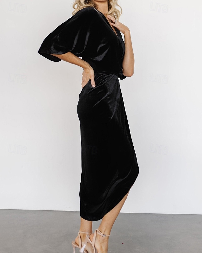 Damen Midikleid Samtkleid Partykleid Cocktailkleid Mode Modern Party Abendgesellschaft Normale Passform Einfach Halbarm V Ausschnitt Schwarz Wein Dunkelgrün Kamel Herbst Winter 2025 - $31.49 –P10