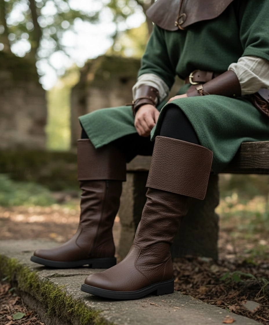Botas masculinas estilo pirata medieval de couro sintético marrom – botas dobráveis de cano alto para cosplay, feiras renascentistas e eventos temáticos de 2025 por $59.99 –P1