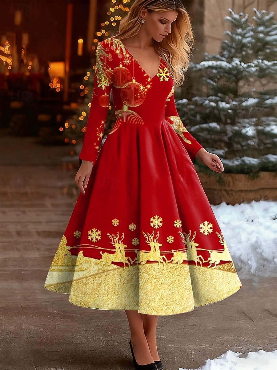 Christmas Women's Midi Dress A Line Dress Vacation Casual Party Daily Evening Party Regular Fit Graphic Snowflake Long Sleeve V Neck Black Red Fall Winter 2025 - $42.99 –P2