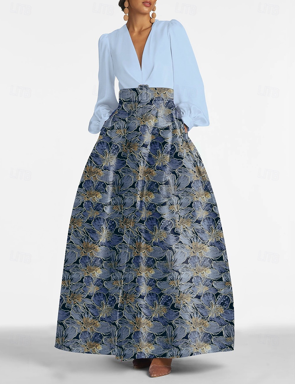 2025年 ジャカードブロケード フローラル Aラインイブニングガウン ドレス フォーマルウェディングゲスト フロアレングス 長袖 Vネック ベルト ナイロン スリットポケット  コレクション – $149.99 –P8