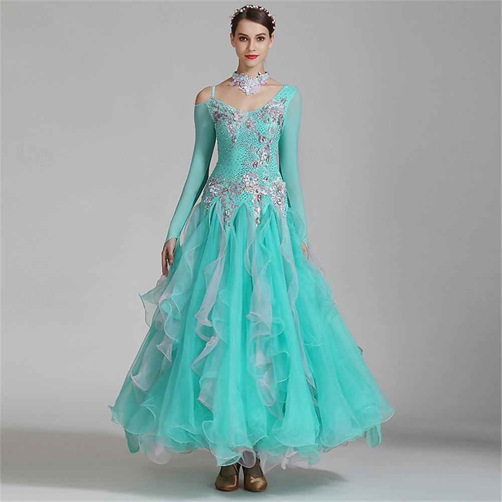 abito da ballo da sala da donna, elegante, con volant, strass, spalle scoperte, abito da competizione per valzer, foxtrot, tango – verde menta del 2026 a $404.49 –P2