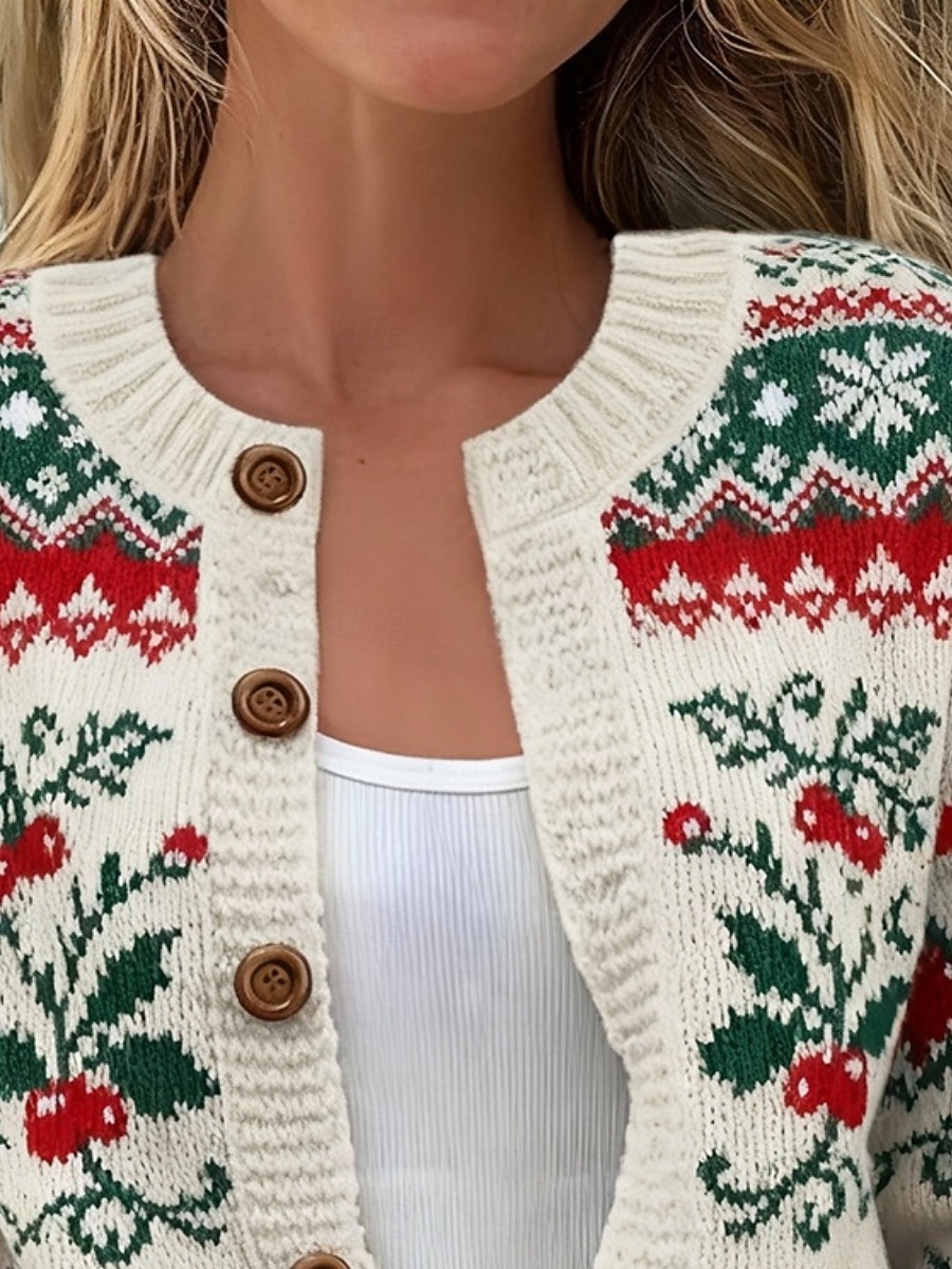 Damen Weihnachtspullover Fair Isle Pullover Strickjacke Mode Täglich Lässig Grafik Gerippt Rundhalsausschnitt Knöpfe Druck Langarm Normale Oberteile Stricken Weihnachten Outdoor Täglich Beige Herbst 2026 - $15.49 –P2