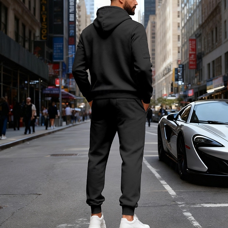 Men's Tracksuit Outfit Set Hoodies Set Hoodie Outdoor Daily Sports Drawstring Zip Up Pocket Plain Black Navy Blue Brown Polyester Activewear Fashion Streetwear Fall 2026 - $56.99 –P12