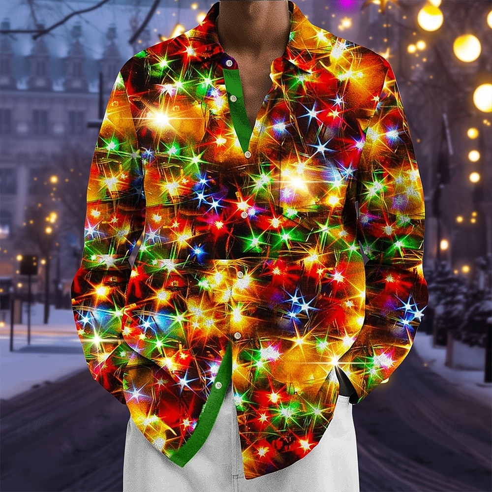 Weihnachten Herren Funkelnder Glitzer Weihnachtslicht Hemd Knopfhemd Langarm Modisch lässig Ferien Frühling Herbst Umlegekragen 3D-Druck Eine Tasche vorne Leinenähnliches Hemd Orange Grün Rosenrot 2025 - $26.99 –P1
