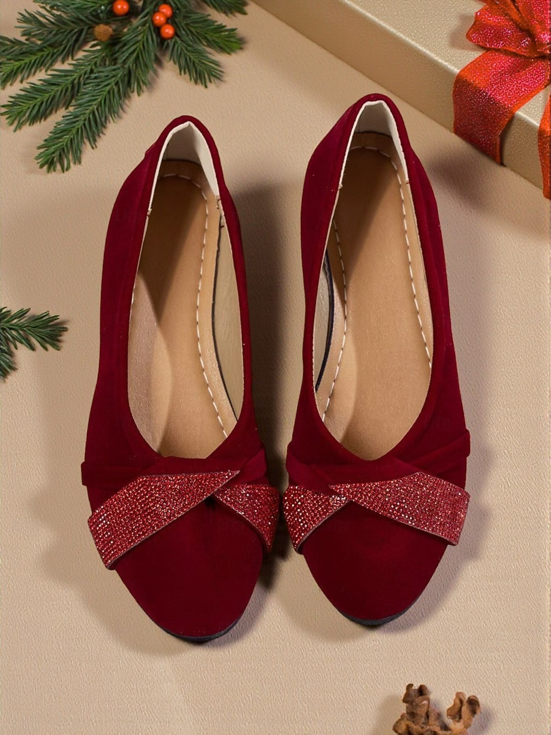 ballerine con zeppa bordeaux da donna con fiocco: stile casual per le feste, comode ed eleganti per le feste di Natale e gli eventi festivi del 2026 a $24.99 –P2