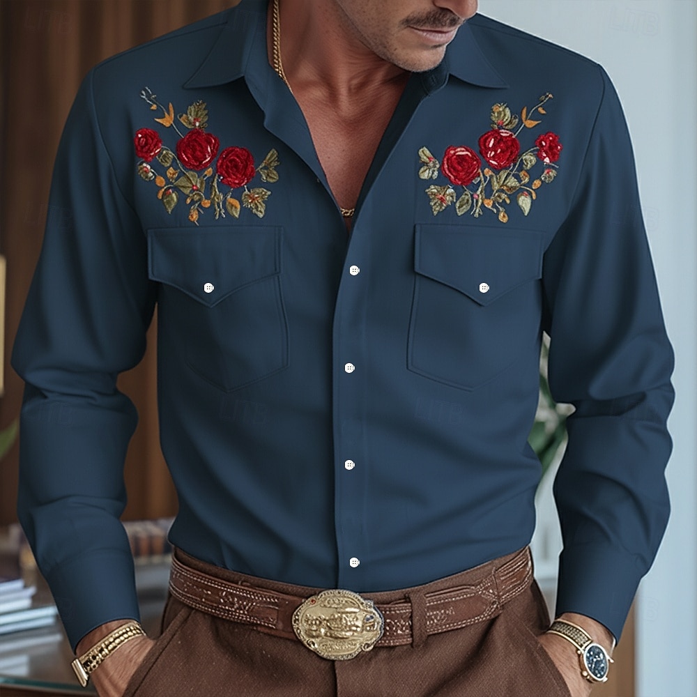 Męskie Kwiatowy wzór Kwiaty Koszula Koszula westernowa Kowbojska koszula Długi rękaw Vintage Retro Codzienny Na zewnątrz Odzież robocza Wiosna Jesień Wieczorne Dwie kieszenie z przodu Koszula z lnu 2026 - $27.99 –P1