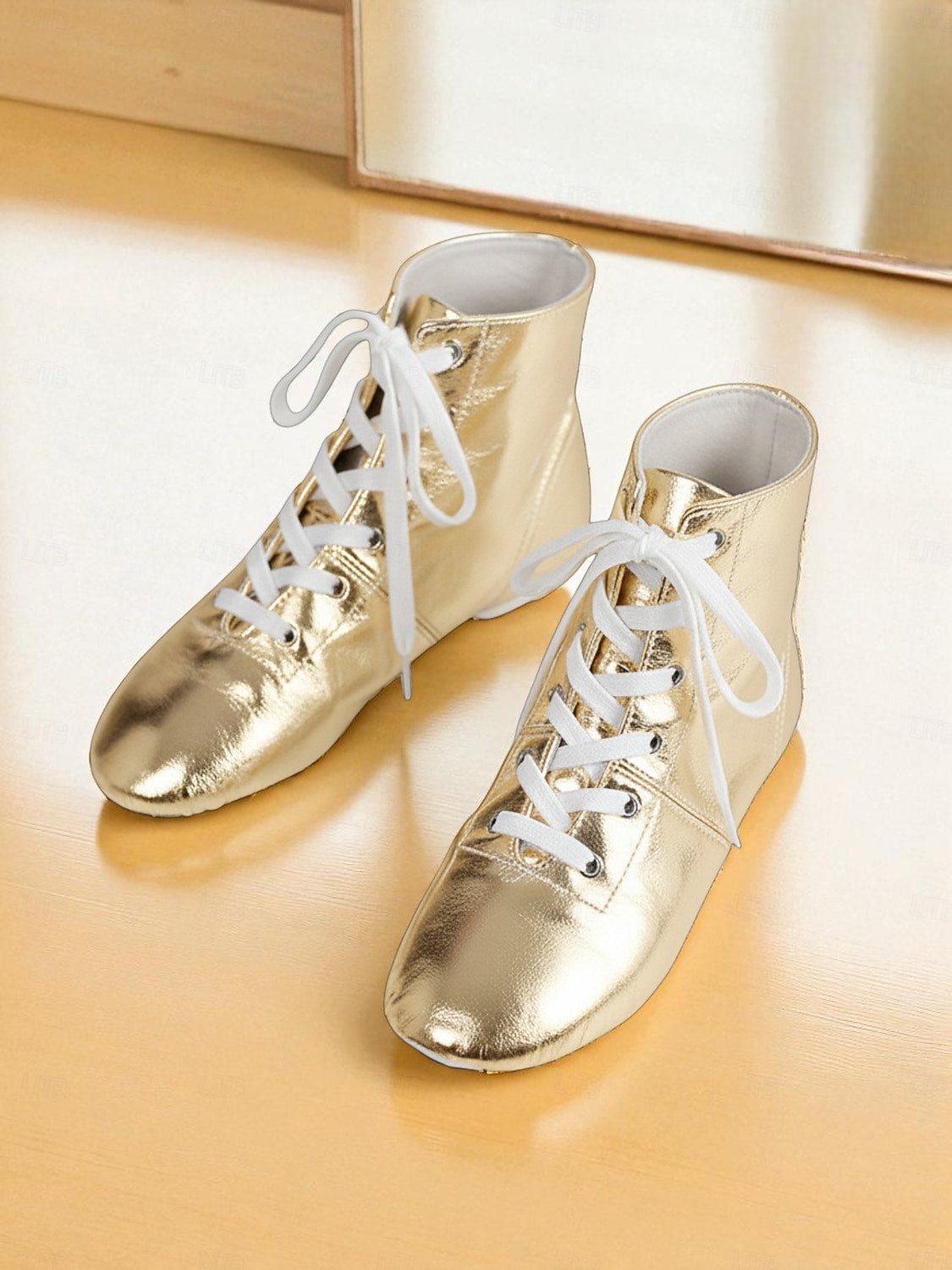 Gouden veterjazzdansschoenen voor dames, professionele leren enkellaarsjes met zachte zool voor podiumoptredens & oefening 2026 - $24.99 –P1