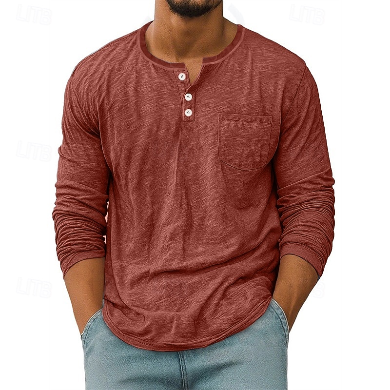 Herren T Shirt Henley Hemd T-Shirt Langarmshirt Langarm Henley Frühling Herbst Einfach Mode Designer Basic Taschen Urlaub Straße Ausgehen Schwarz Weiß Rote Top T-Shirt für Herren 2025 - $21.99 –P8