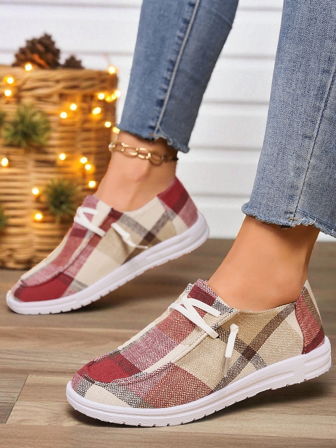 Zapatos sin cordones a cuadros para mujer: zapatos casuales y acogedores para Navidad, reuniones de invierno y relajación festiva. 2026 - $24.99 –P2