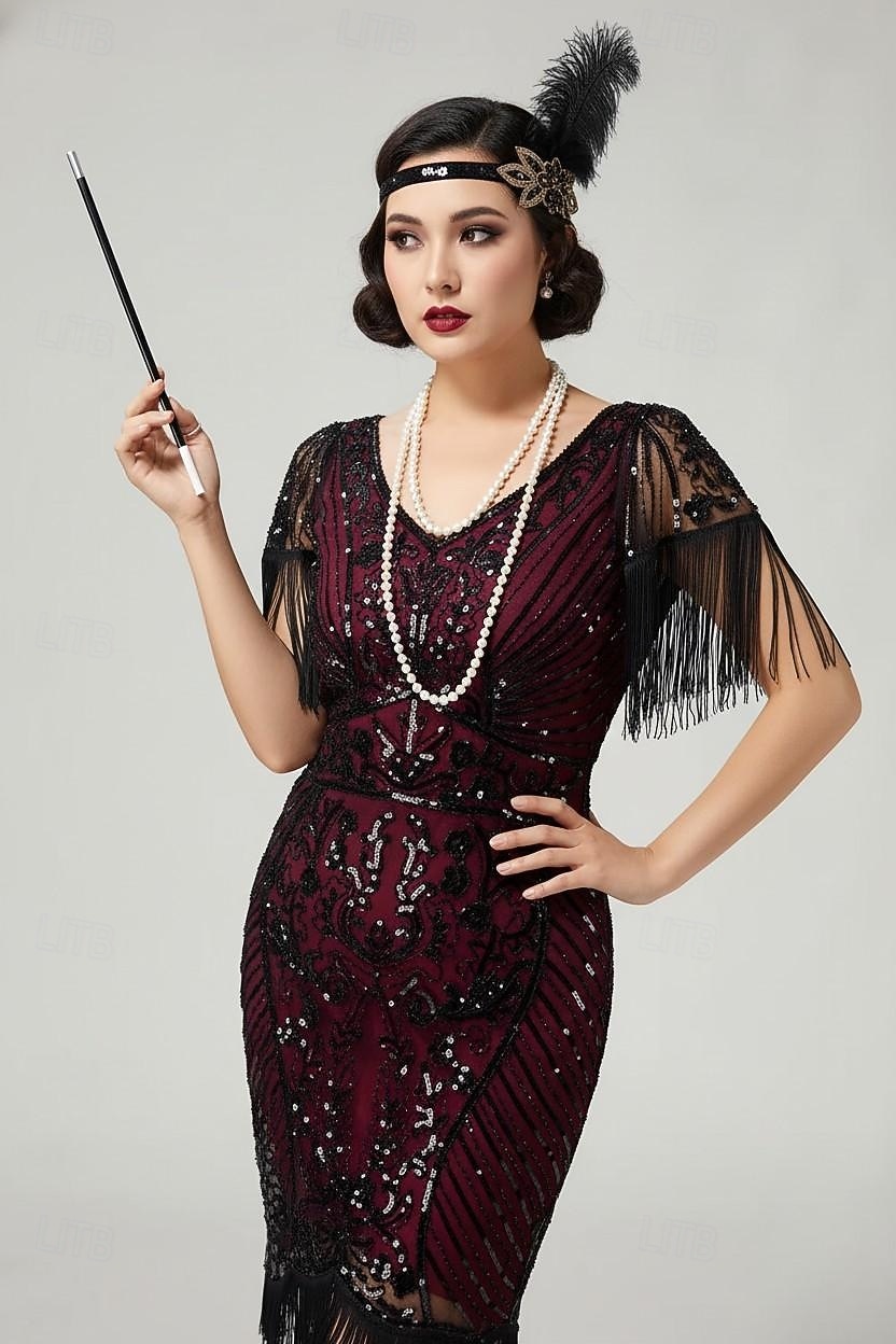 Années Folles Années 1920 Mi-long Robe Charleston Manches courtes Gatsby le Magnifique Paillettes Frange Col en V Déguisement Femmes Noël Carnaval bar clandestin Mascarade Soirée à thème rétro Adulte de 2026 ? $44.99 –P3