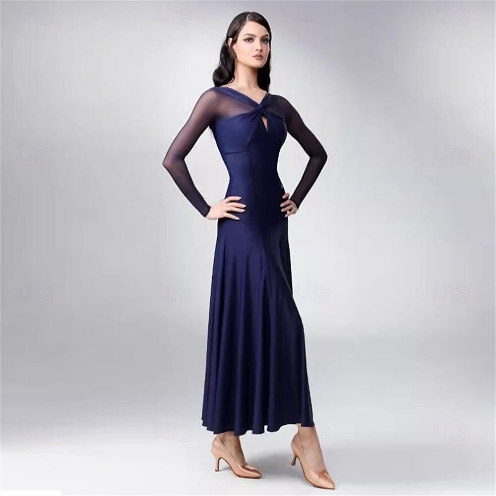 abito da ballo da sala da donna blu navy elegante a maniche lunghe in rete con scollo incrociato, abito da competizione per valzer, foxtrot e tango del 2026 a $337.89 –P2