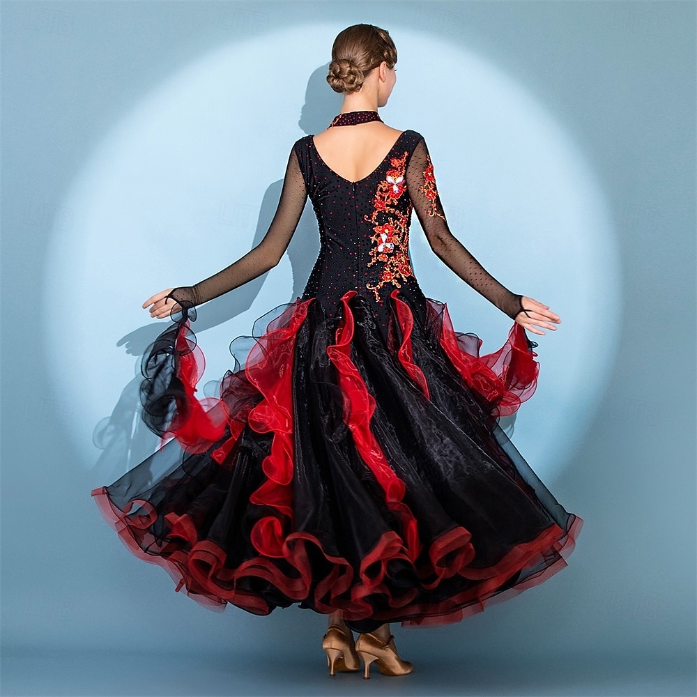 abito da ballo da sala da donna in organza arricciata con ricami a fiamma rossa nera, tango foxtrot paso doble, abito da competizione del 2026 a $241.99 –P2
