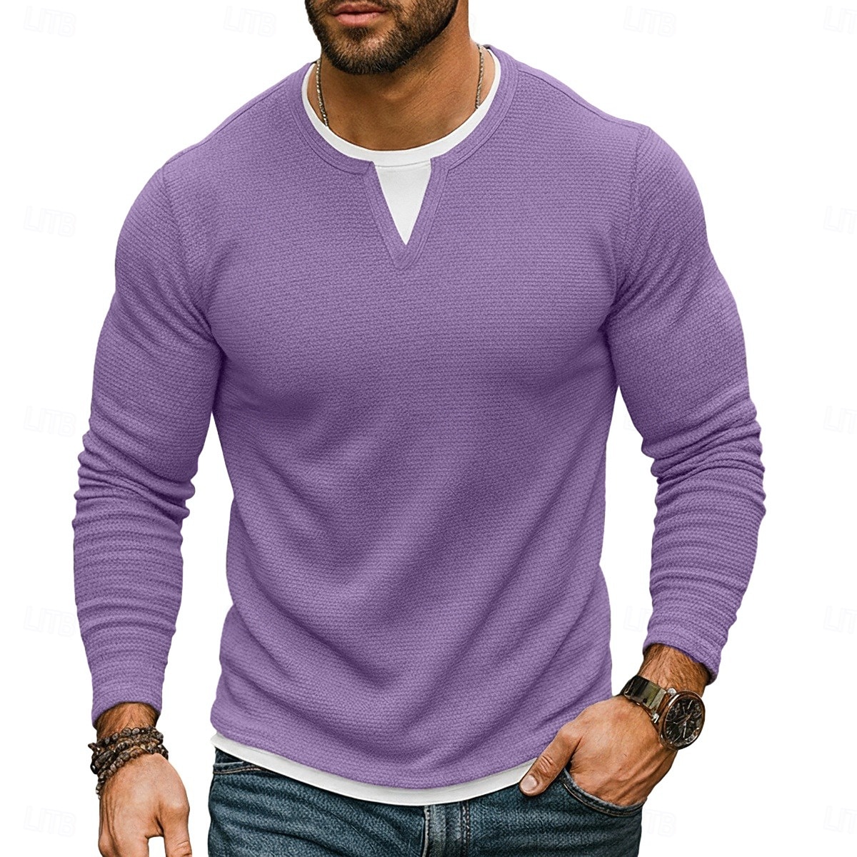 Pánské Vaflové tričko Tričko Waffle Henley košile Dlouhý rukáv Tričkový Do V Celý rok Pevná barva Tradiční a retro Na běžné nošení falešný dva kusy Ležérní Domů Venkovní Fialová Top tričko pro muže 2026 - $25.99 –P1