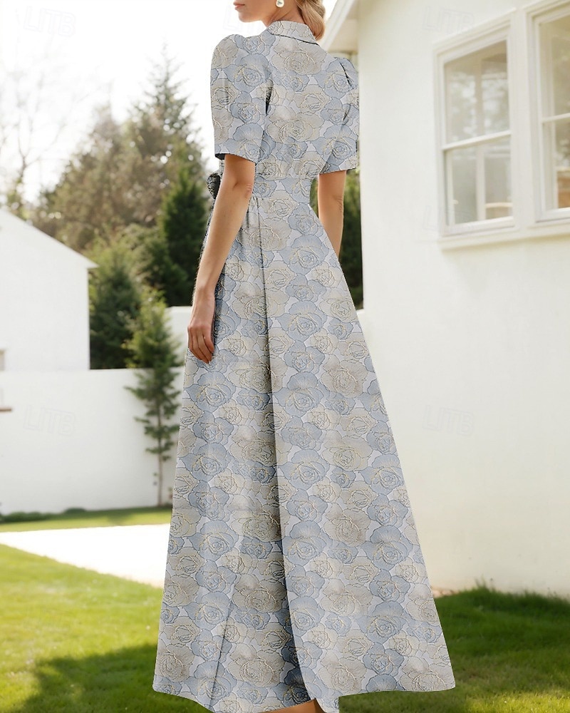 Linha A Longo Vestidos de noite Vestido de Baile Vestido formal Elegante Vintage Manga Curta Colarinho de Camisa Casamento Formal Fibra Sintética com Estampa floral Fenda Bolsos de 2026 por $186.99 –P19