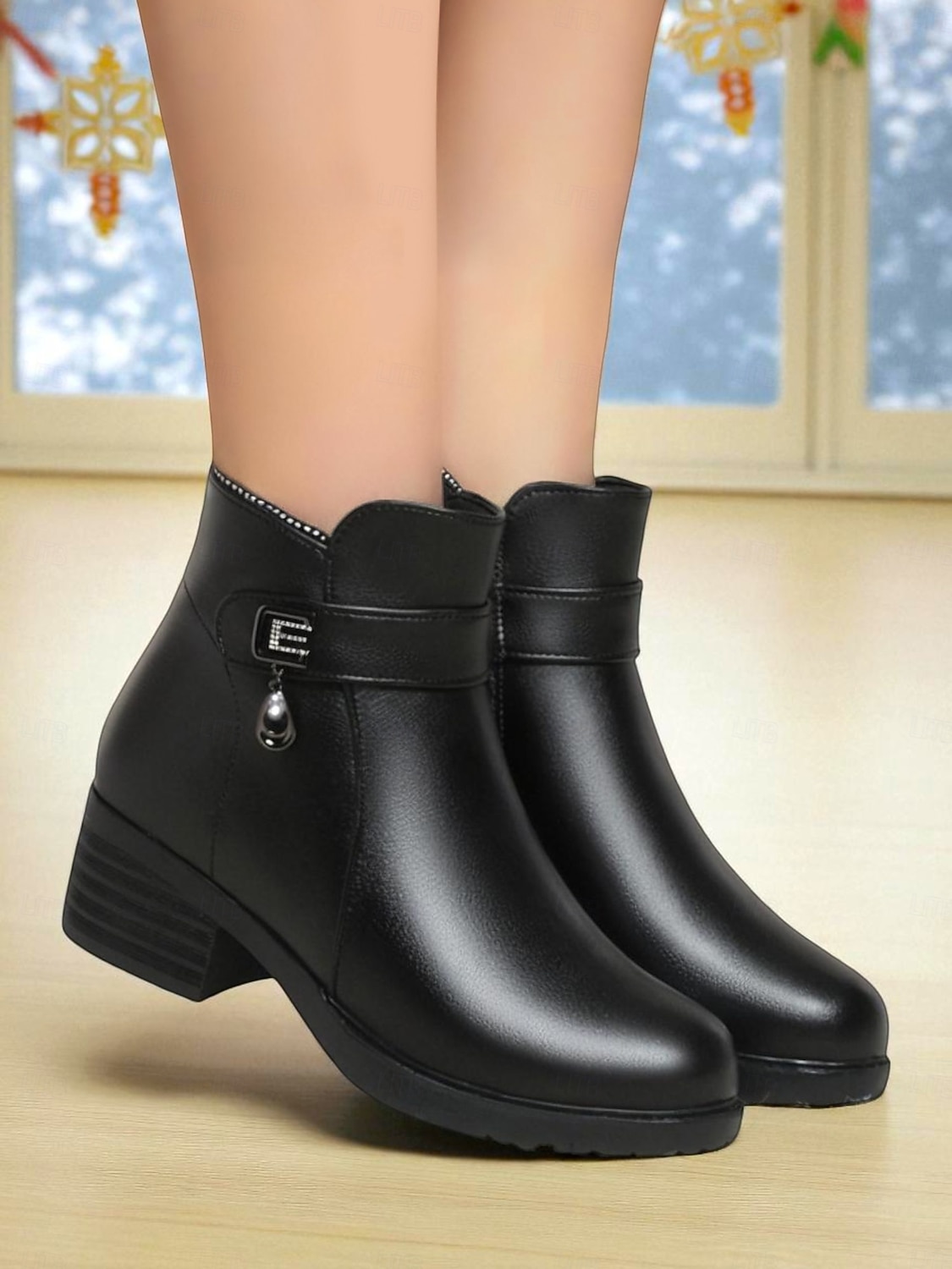 Женские черные кожаные ботильоны с шерстяной подкладкой – застежка-молния, теплые и удобные зимние ботинки для повседневной носки и активного отдыха 2025 - $59.99 –P2