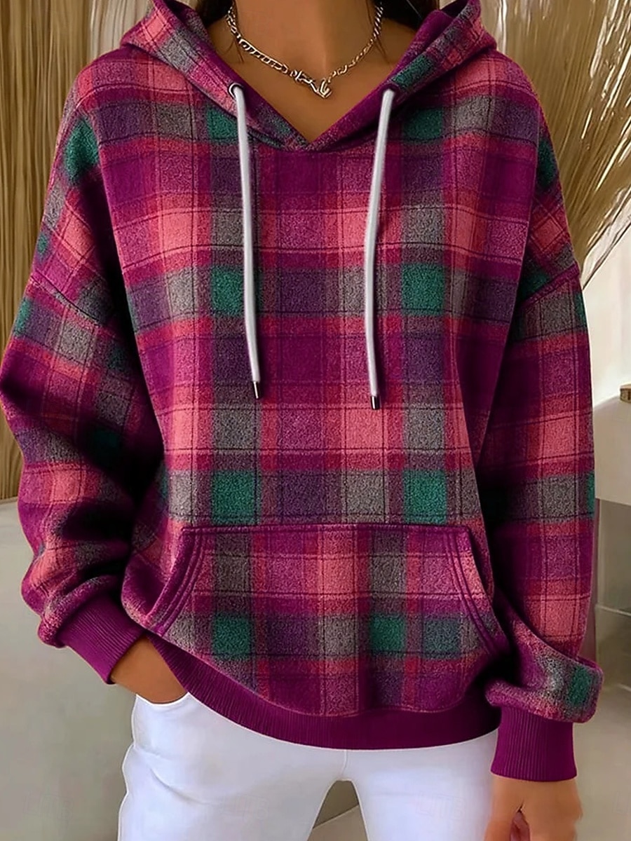 Mujer Sudadera con capucha Pullover Estampado Bolsillo delantero Graphic Geométrico Plaid Cálido Vintage Casual Manga Larga Con Capucha Tops regulares Casual Calle Uso Diario Azul Piscina Amarillo 2026 - $28.99 –P3