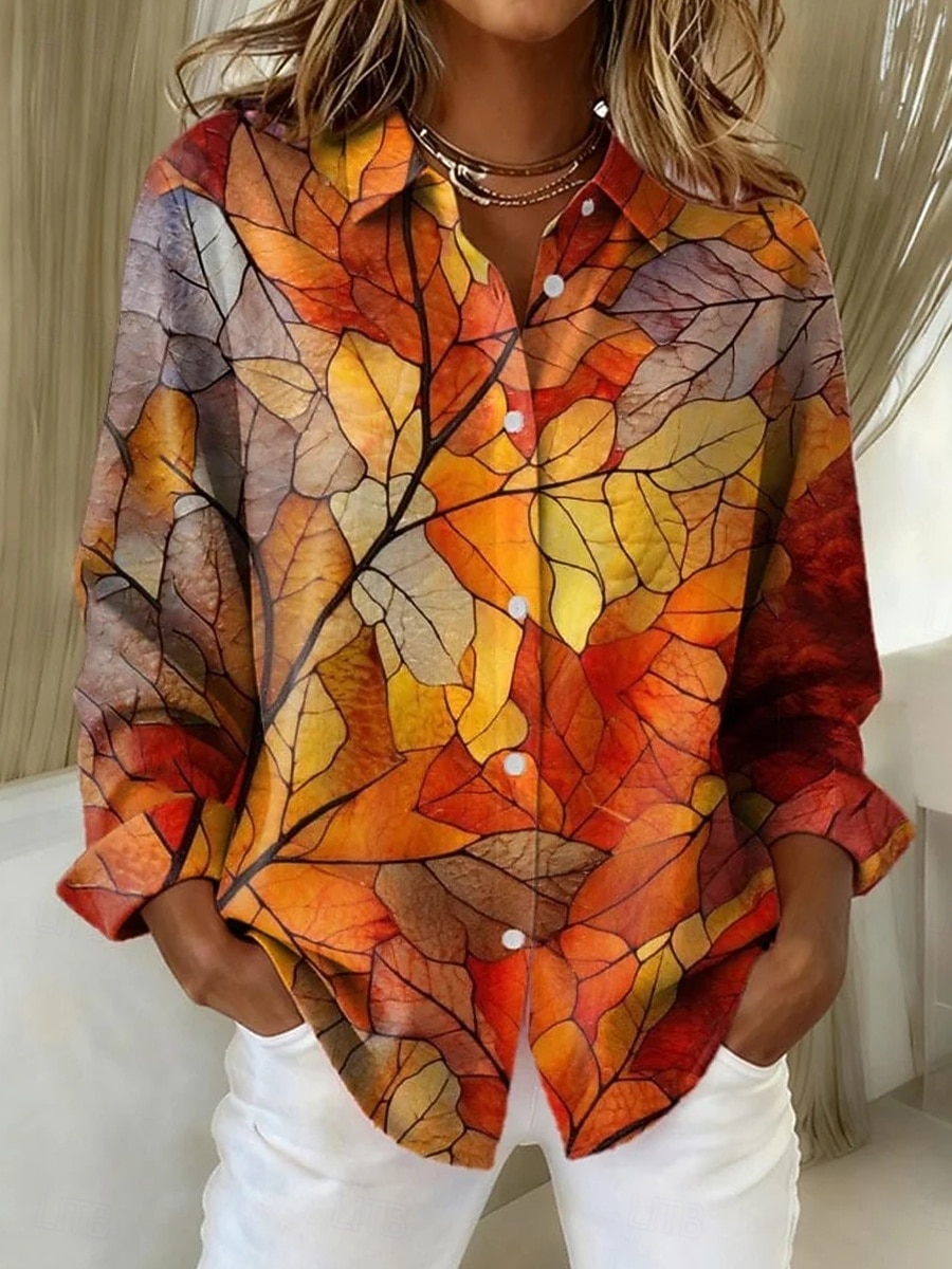 Mulheres Camisa Social Blusa Patchwork Botões Imprimir Gráfico Folha Geométrica Vintage à moda Moderno Manga Longa Colarinho de Camisa Tops regulares Diário Azul Laranja Outono Inverno de 2026 por $32.99 –P1