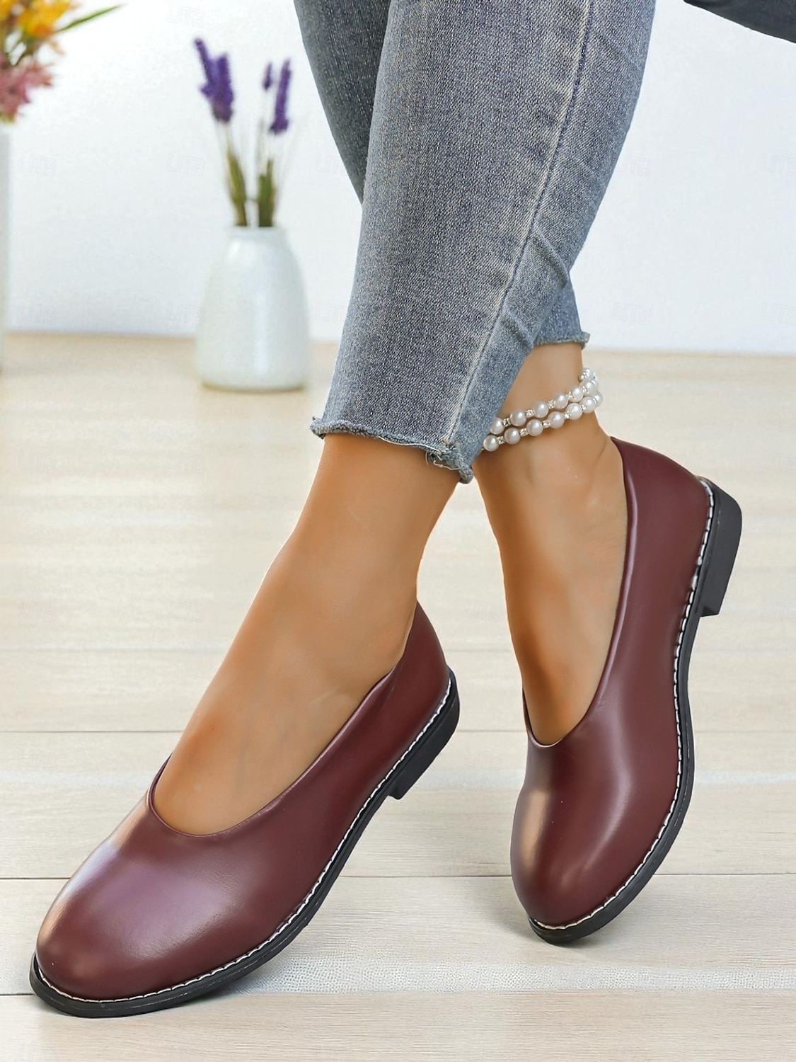 Women's Burgundy Faux Leather Round Toe Flats with Low Heel, Comfortable Casual Dress Shoes for Work, Office & Everyday Wear 2025 - $26.99 –P6