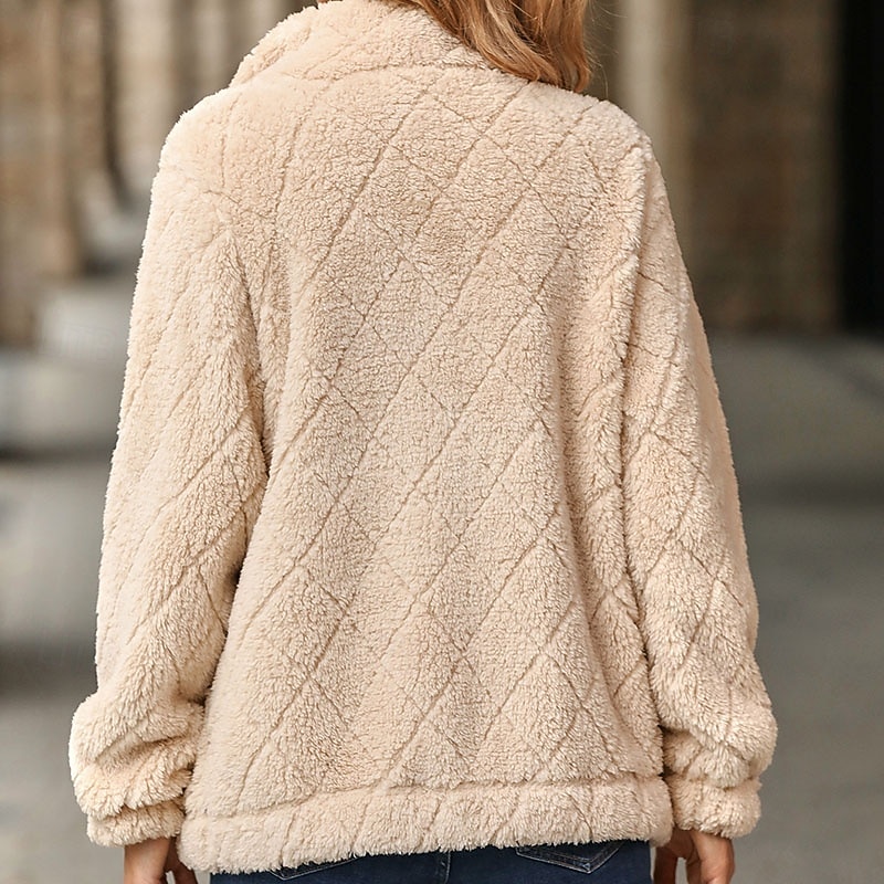 Dámské Zimní kabát Teddy Coat Zahřívací Pohodlné Zip Kapsy Na běžné nošení Pevná barva Vánoce Dovolená ulice Ležérní Standardní Přehnutý Běžný Dlouhý rukáv Svrchní oděvy Černá Rubínově červená Khaki 2025 - $35.99 –P3