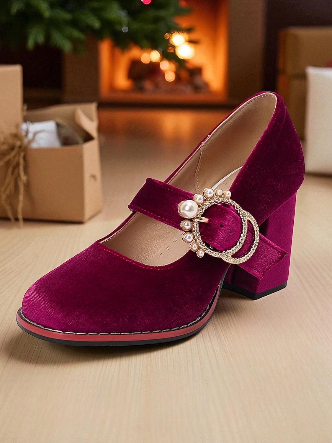 Gröna Mary Jane-klackar i sammet med grov blockklack och pärlspänne - vintage retro-skor från 1950-talet för damer, perfekta för julfester och bröllop. &kvällsevenemang 2026 - $54.99 –P1