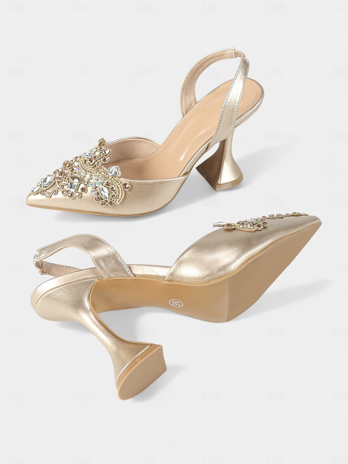 damskie złote zdobione szpilki typu slingback z kryształkami na koktajlowe przyjęcie &wydarzenia formalne 2026 - $46.99 –P7