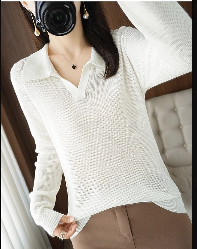 Női Pulóver Elegáns Napi Stílusos Polo gallér Kötött Hosszú ujj Normál felsők Kötött Napi Hétvége Fekete Fehér Tavasz Ősz 2025 - $31.99 –P5