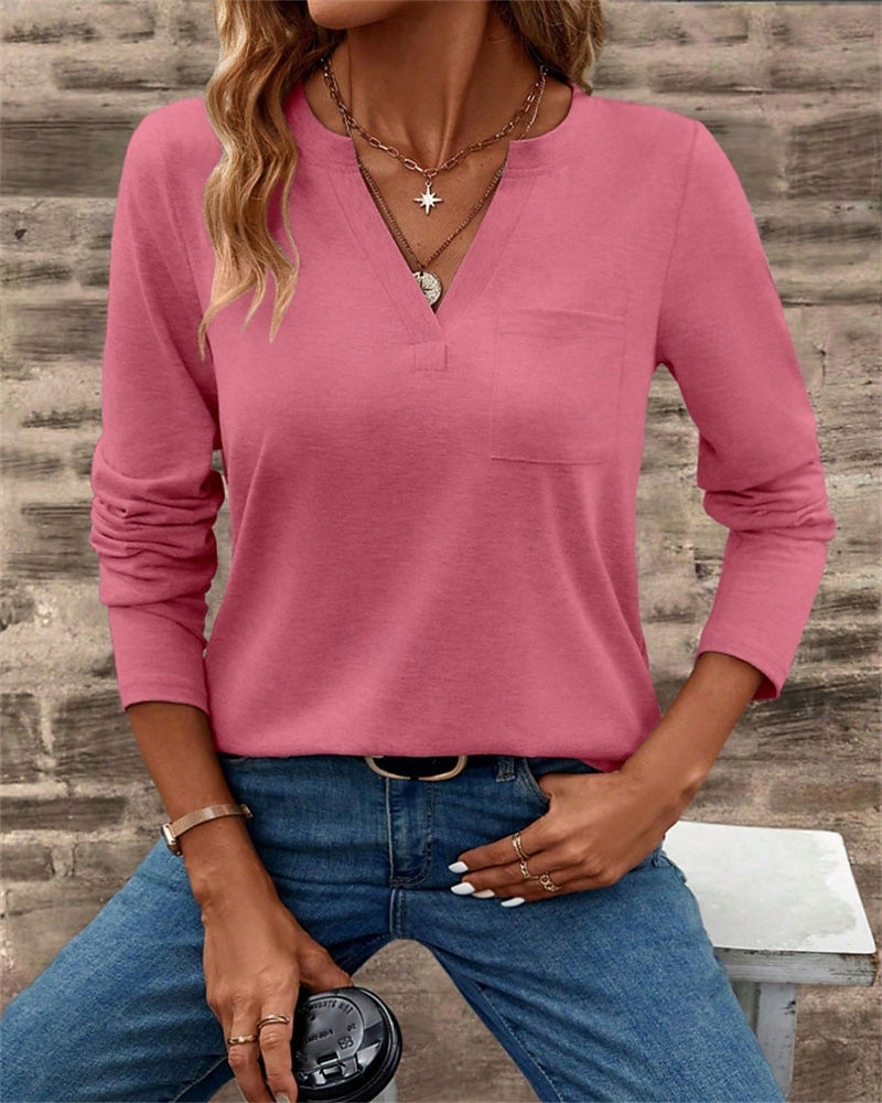 Pentru femei Topuri imbracate Buzunar Culoare solidă Simplu Elegant femei Stilat Manșon Lung În V Topuri obișnuite Zilnic Muncă Ieșire Negru Alb Roz Îmbujorat Trifoi Kaki Toamnă Iarnă 2026 - $25.99 –P8