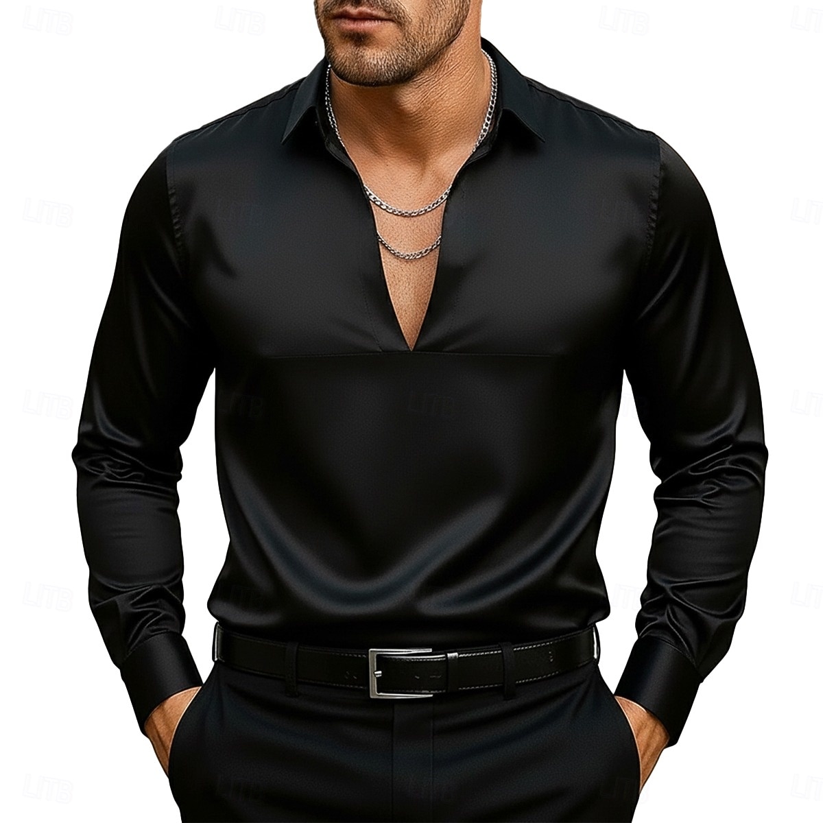 Voor heren Overhemd Satijnen overhemd Normaal shirt Overhemd met knopen Galashirt Pullover Effen Formeel Bruiloft Zwart Marineblauw Lange mouw V-hals Alle seizoenen Kleding 2026 - $25.99 –P4