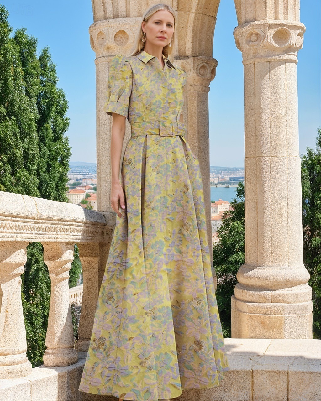 Linha A Longo Vestidos de noite Vestido de Baile Vestido formal Elegante Vintage Manga Curta Colarinho de Camisa Casamento Formal Fibra Sintética com Estampa floral Fenda Bolsos de 2026 por $186.99 –P12