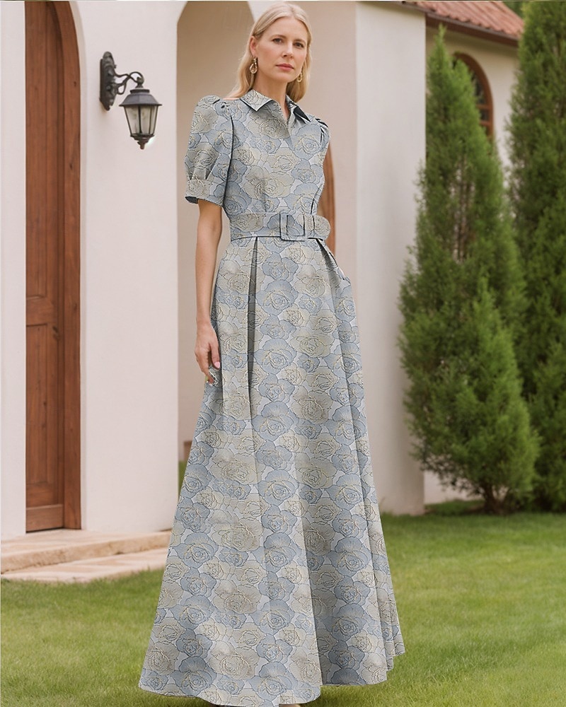 Linha A Longo Vestidos de noite Vestido de Baile Vestido formal Elegante Vintage Manga Curta Colarinho de Camisa Casamento Formal Fibra Sintética com Estampa floral Fenda Bolsos de 2026 por $186.99 –P18