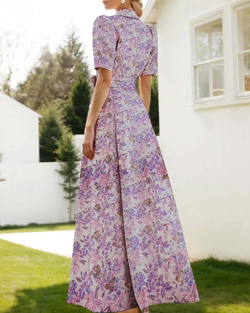 Linha A Longo Vestidos de noite Vestido de Baile Vestido formal Elegante Vintage Manga Curta Colarinho de Camisa Casamento Formal Fibra Sintética com Estampa floral Fenda Bolsos de 2026 por $186.99 –P16