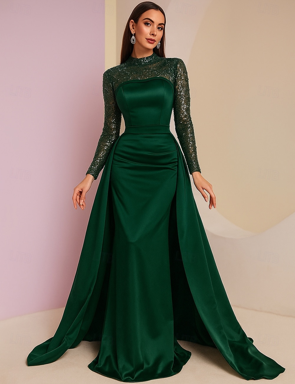 А-силуэт Платье для матери невесты Элегантный стиль Винтаж Блеск и сияние Вырез под горло В пол Спандекс Италия сатин Полиэстер Длинный рукав с Пайетки 2025 - $119.99 –P4