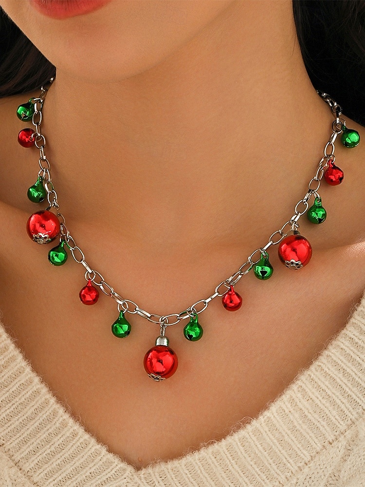 damski świąteczny naszyjnik ze stopu z czerwonymi i zielonymi dzwoneczkami, ozdobą w kształcie płatka śniegu, idealny do świątecznej mody i jako prezent 2026 - $11.99 –P1
