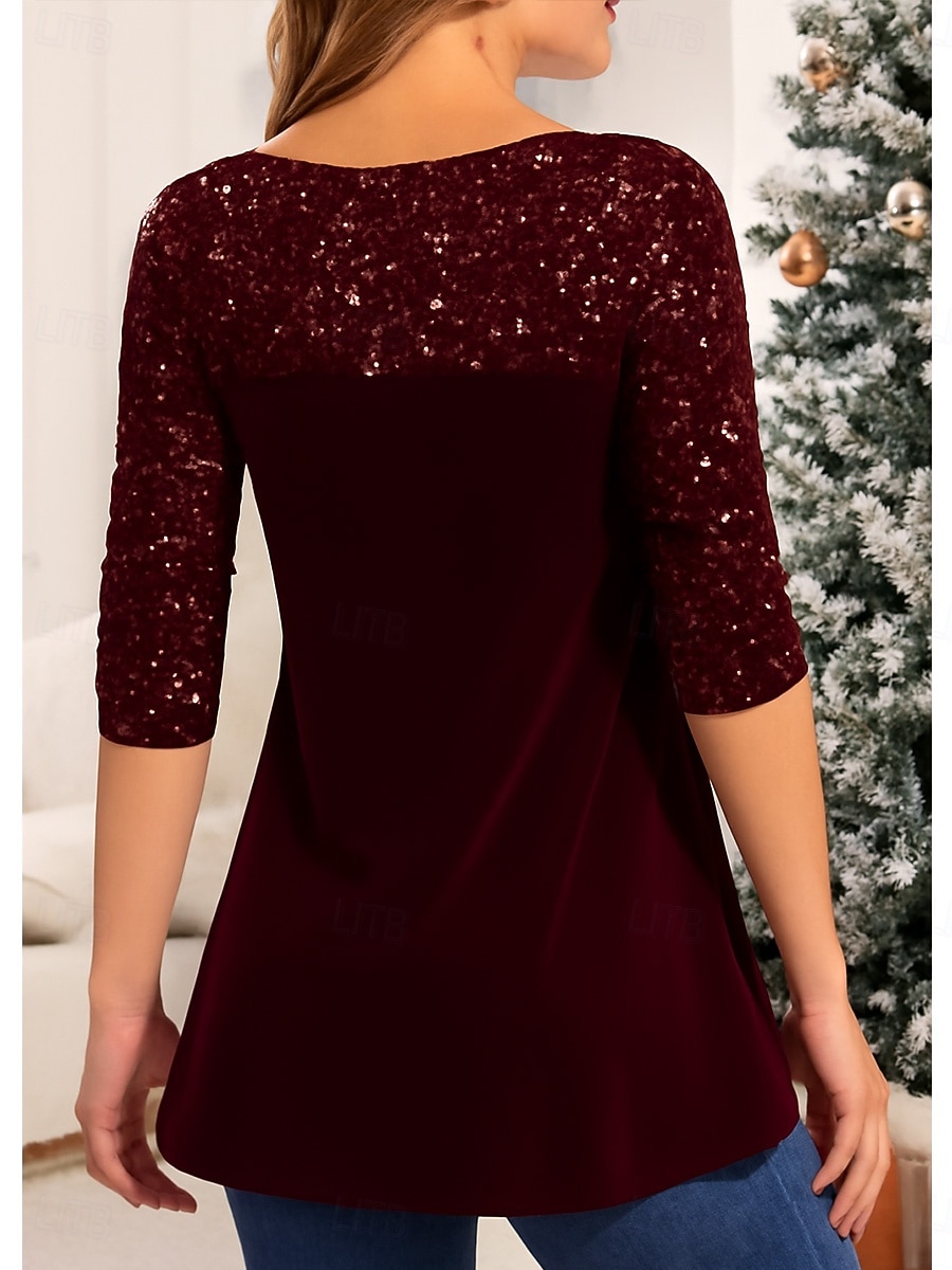 Blouse pour femme de Noël couleur unie stylée décontractée manches longues col carré tops réguliers impression quotidienne sequins patchwork noir vin violet vert printemps automne hiver de 2025 ? $42.99 –P2