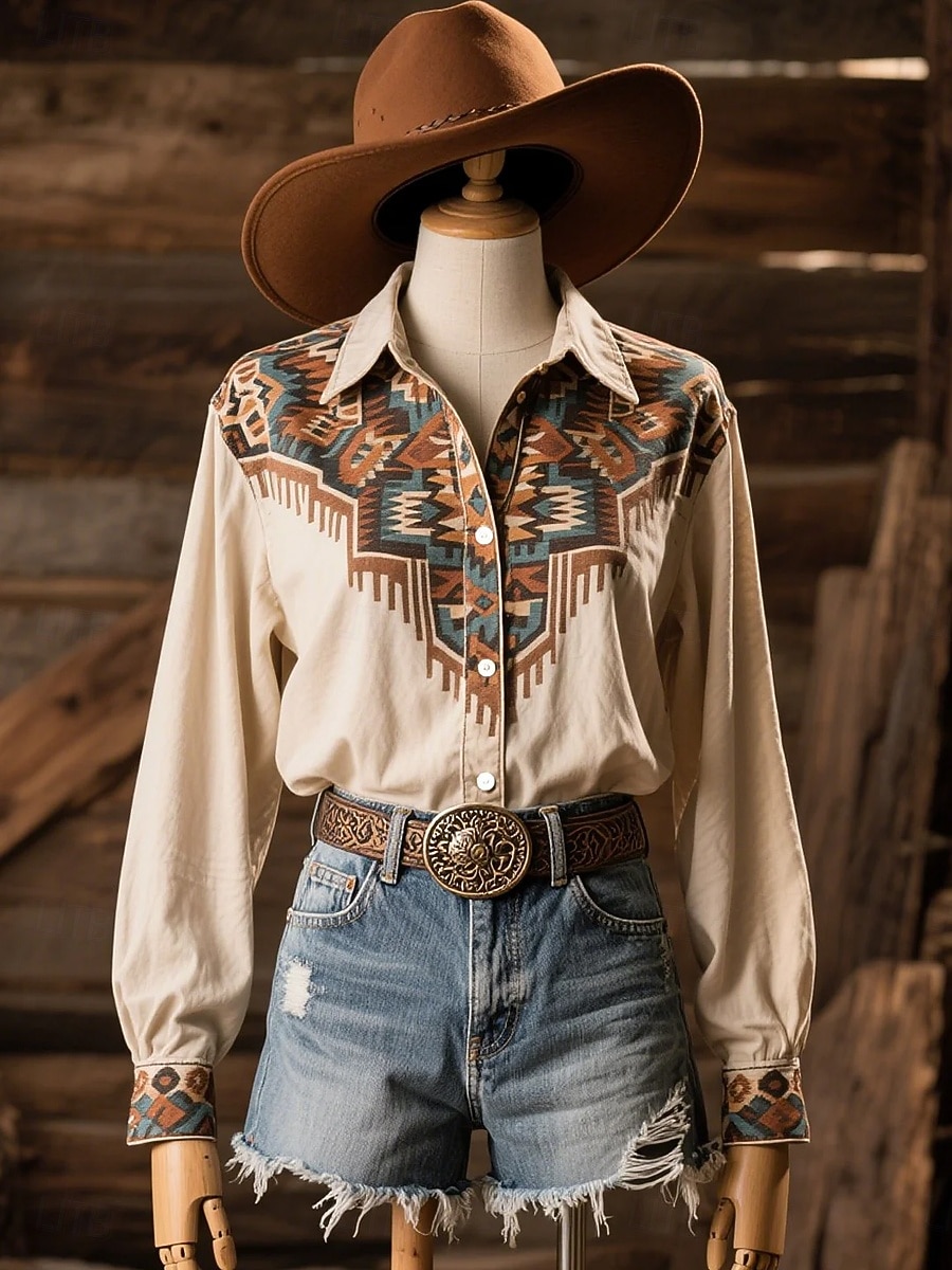 Mujer Camisa Blusa Retazos Botones Estampado Graphic Cachemir Abstracto Vintage occidental Casual Manga Larga Cuello Camisero Tops regulares Diario Marrón Beige Verano Primavera Otoño Invierno 2026 - $32.99 –P2