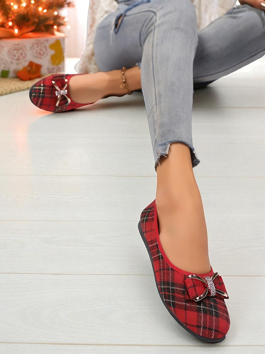 sapatilhas femininas xadrez vermelhas com laço de strass – sapatos sociais elegantes e fáceis de calçar para uso diário, escritório e festas de Natal de 2026 por $26.99 –P5