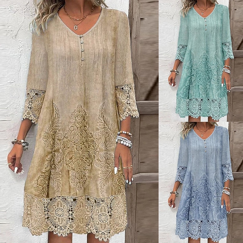 Mujer Mini vestido Vestido de cambio Casual Diario Ajuste regular Plano Manga 3/4 Escote en Pico Azul Piscina Color Camello Verde Trébol Primavera Otoño 2026 - $34.99 –P1