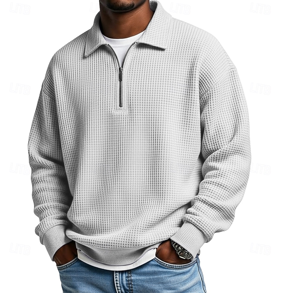 Herre Vaffel poloskjorter Kvart zip-polo utendørs Avslappet Quarter Zip Langermet Mote Moderne Helfarge Med Tekstur Strikket Vår & Vinter Alle årstider Løstsittende Svart Hvit Navyblå Mørkegrønn 2025 - $23.99 –P9