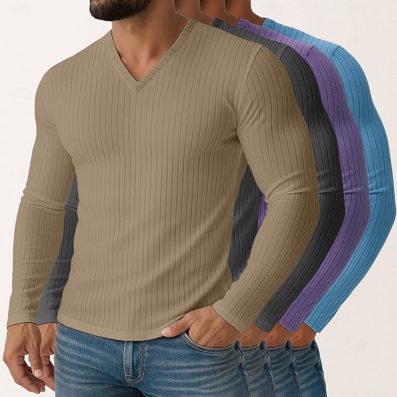 Miesten T-paita Ribbineulos T-paita Pitkähihainen paita Pitkähihainen V kaula-aukko Kevät Syksy Talvi Tavallinen Pit Strip Muoti Suunnittelija Perus 4-osainen Monipakkaus Loma Katu Kausaliteetti 8 2025 - $61.99 –P6