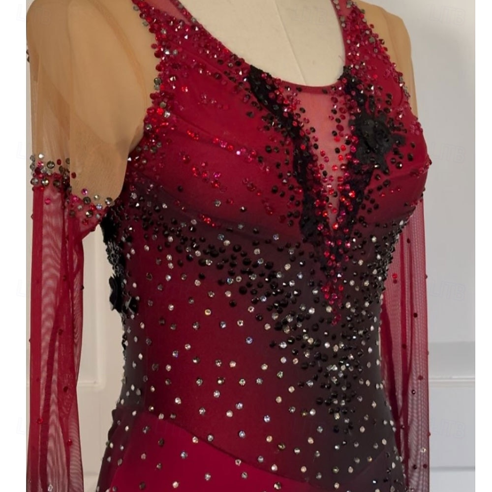 Eiskunstlaufkleid Damen Mädchen Eislaufen Kleid Schwarz Rrot Patchwork Daumenloch Spandex Netzstoff Hohe Elastizität Training Wettbewerb Eiskunstlaufkleidung Klassisch Kristall / Strass Langarm 2026 - $359.39 –P2